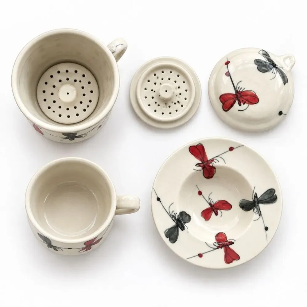 Bát Tràng Vietnamese Ceramic Phin Coffee Filter Cup Saucer Butterfly New